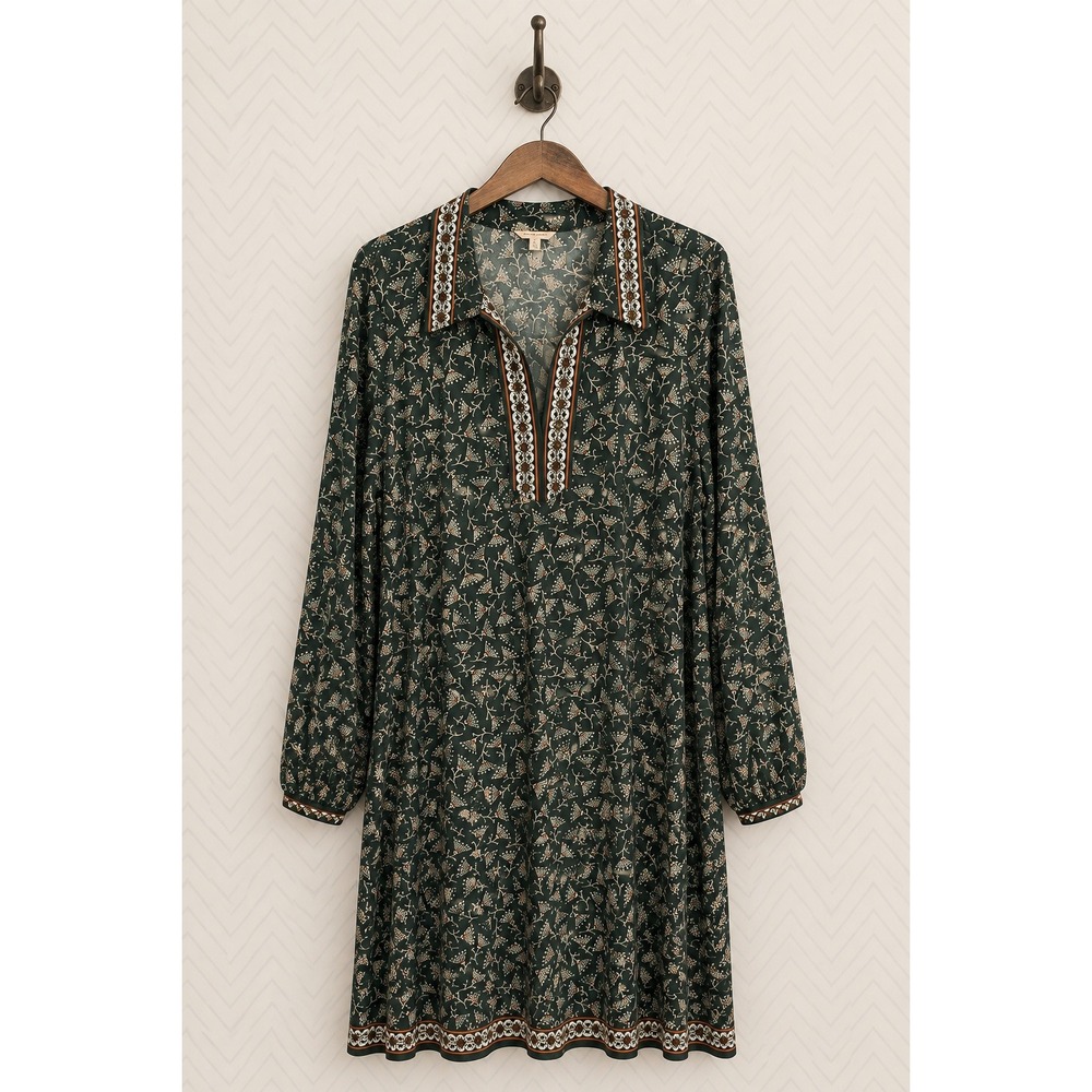 NWOT Max Studio Floral Border Trim Long Sleeve Shift Tunic Dress Green XL